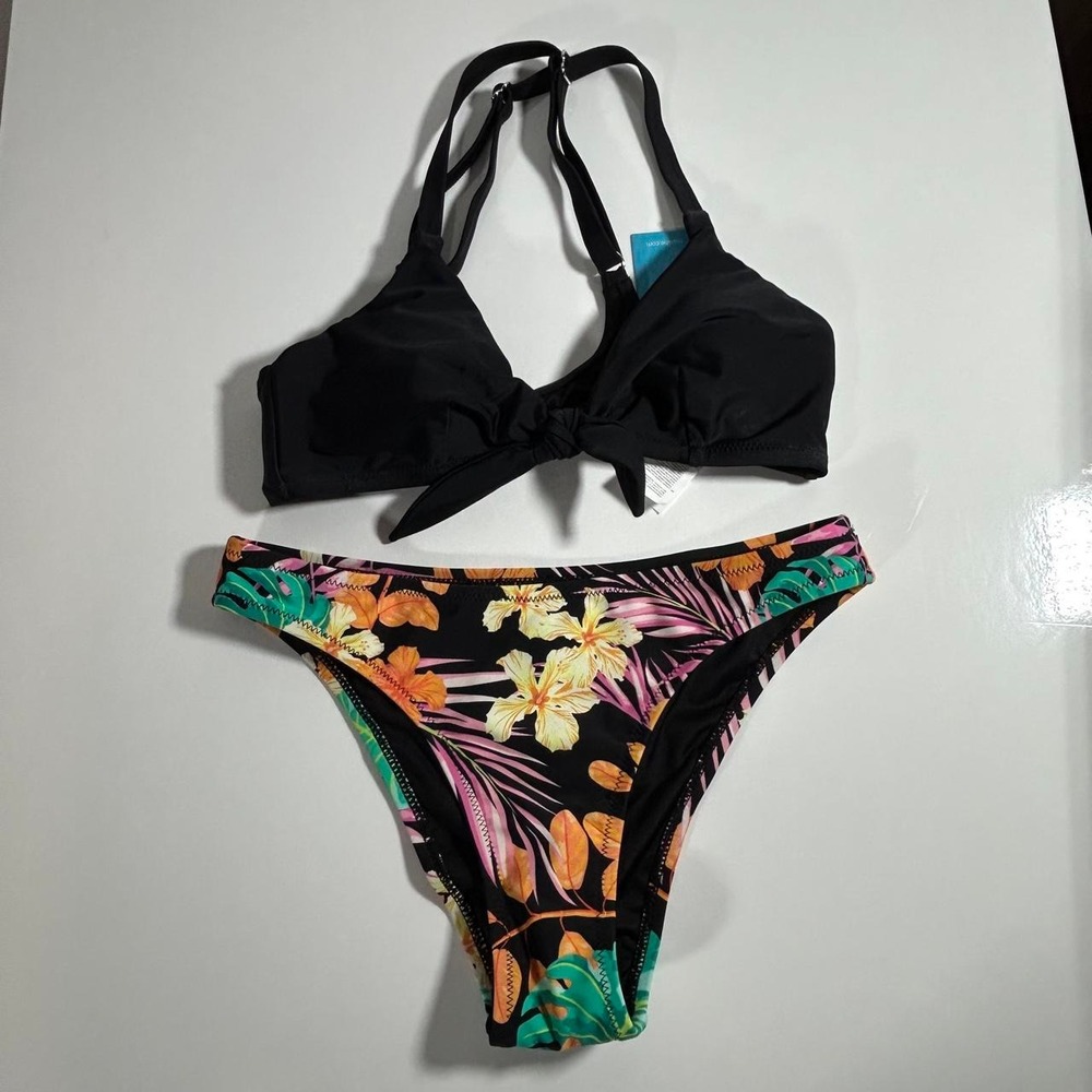 Cupshe Black Tropical Floral Tie Front Bikini Set XS DAA12C2F001AA